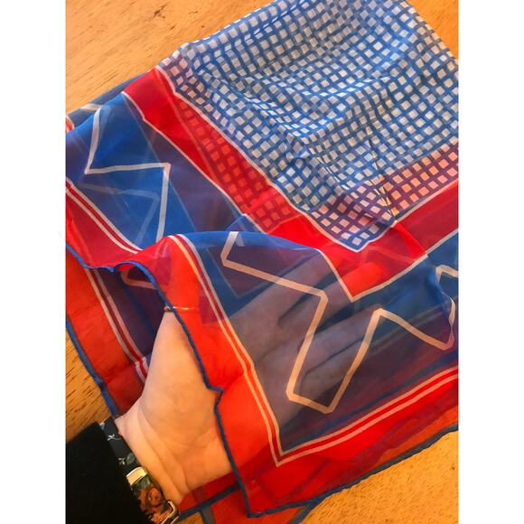 Vintage Sheer Blue and Red Scarf, Light Weight Thin Neck Scarf - Picture 2 of 7